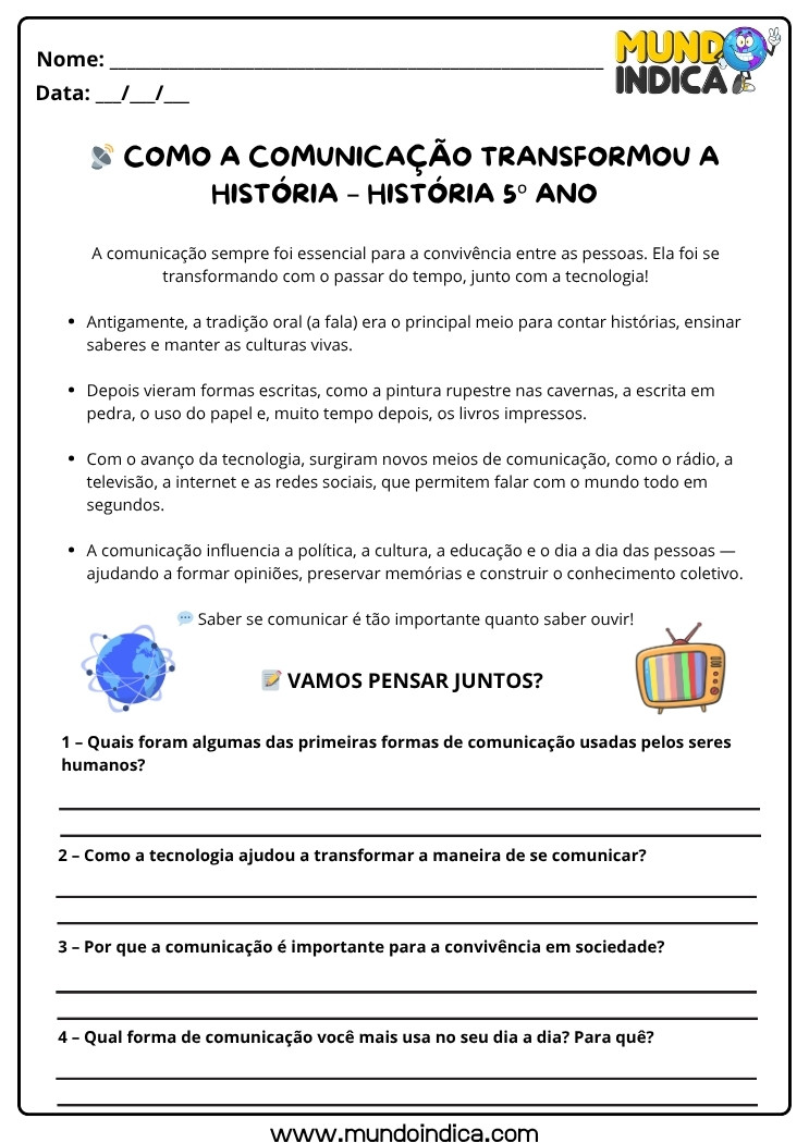 Atividade de História 5 ano sobre Como a Comunicação Transformou a História para Imprimir
