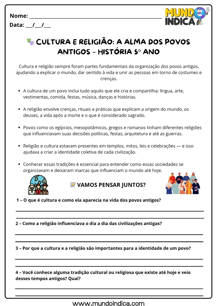 Atividade de História 5 ano sobre Cultura e Religião para Imprimir
