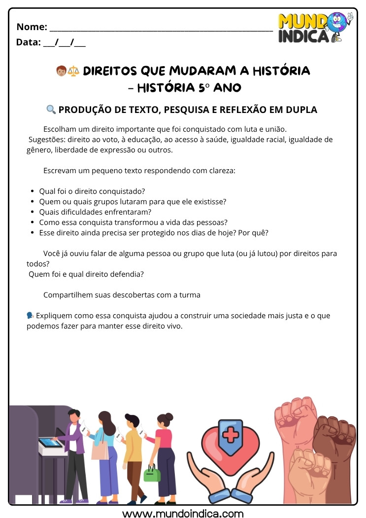 Atividade de História 5 ano sobre Direitos que Mudaram a História para Imprimir