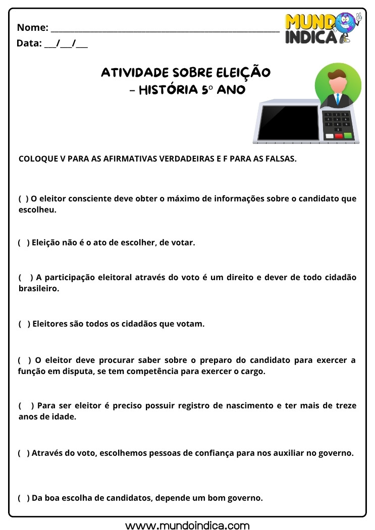 Atividade de História 5 ano sobre Eleição para Imprimir