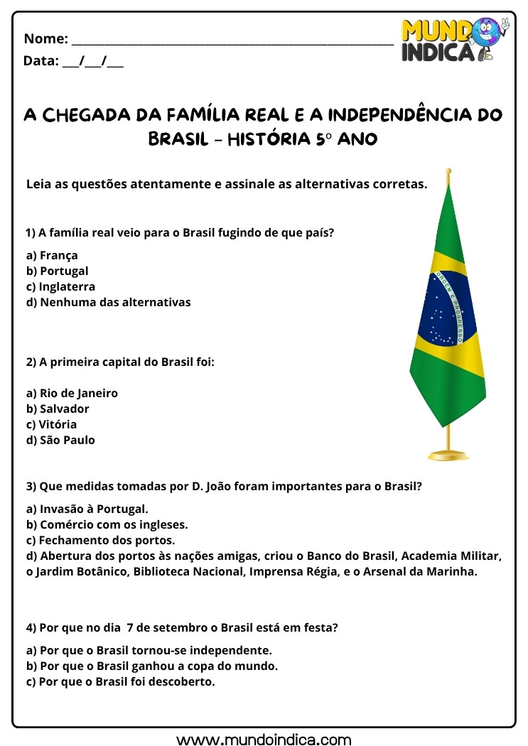 Atividade de História 5 ano sobre a Chegada da Família Real e a Independência do Brasil para Imprimir