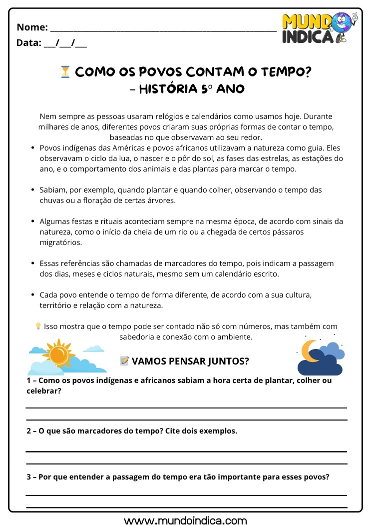 Atividade de História 5 ano sobre a Contagem do Tempo pelos Povos Antigos para Imprimir