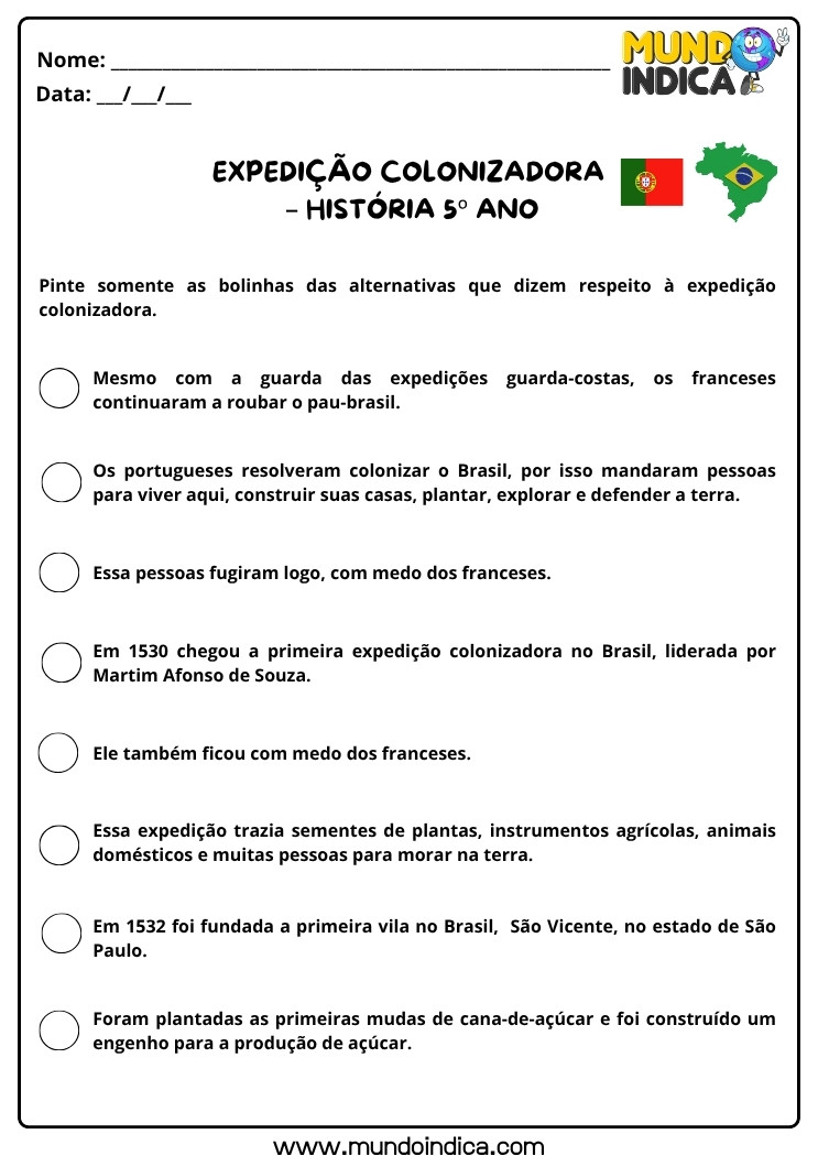 Atividade de História 5 ano sobre a Expedição Colonizadora para Imprimir
