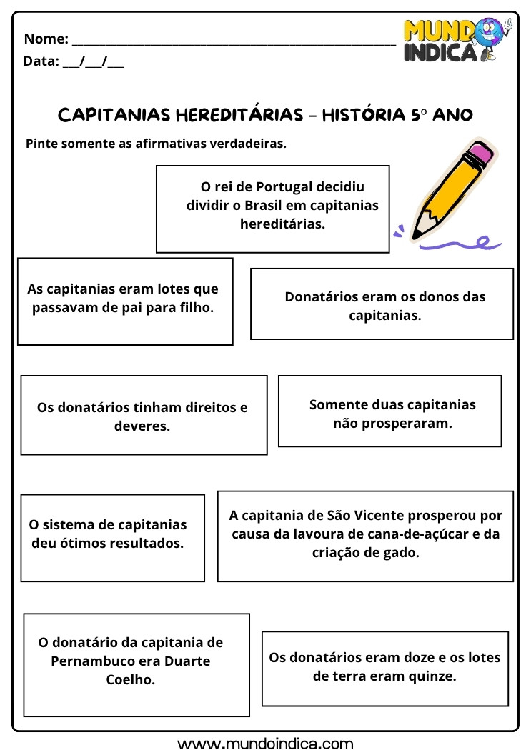 Atividade de História 5 ano sobre as Capitanias Hereditárias para Imprimir