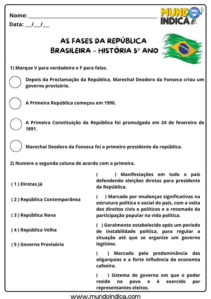 Atividade de História 5 ano sobre as Fases da República Brasileira para Imprimir