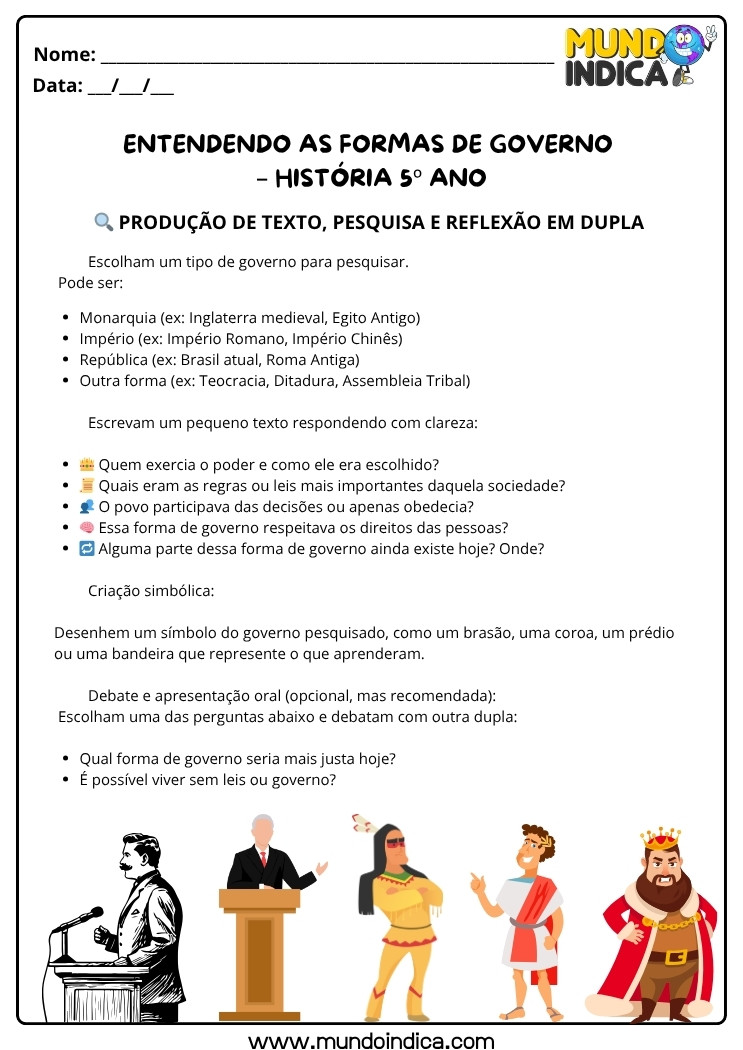 Atividade de História 5 ano sobre as Formas de Governo para Imprimir