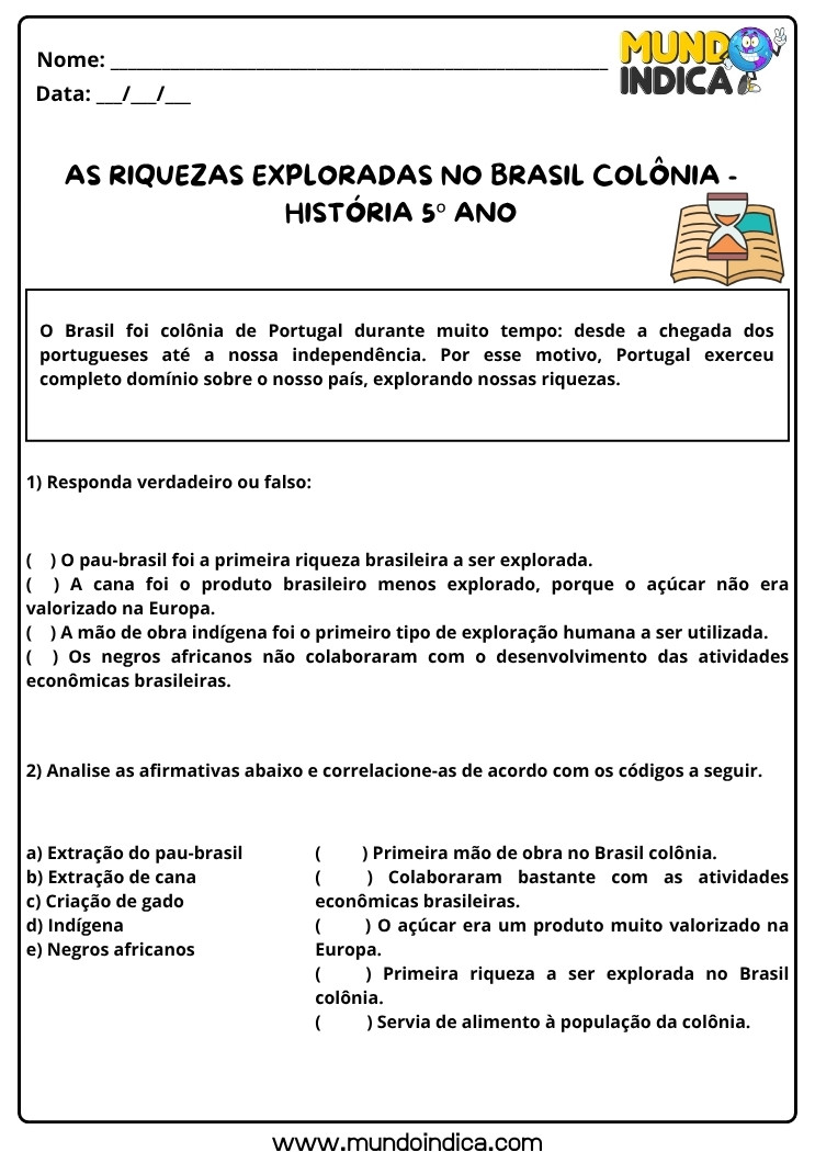 Atividade de História 5 ano sobre as Riquezas Exploradas no Brasil Colônia para Imprimir