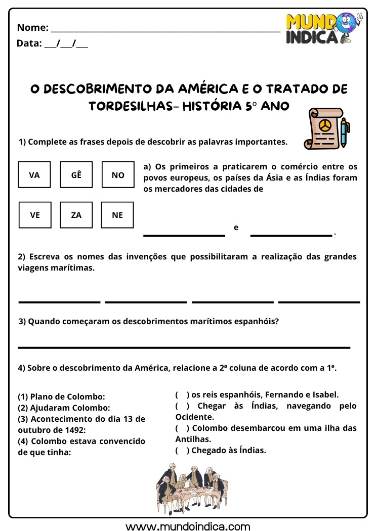 Atividade de História 5 ano sobre o Descobrimento da América e o Tratado de Tordesilhas para Imprimir
