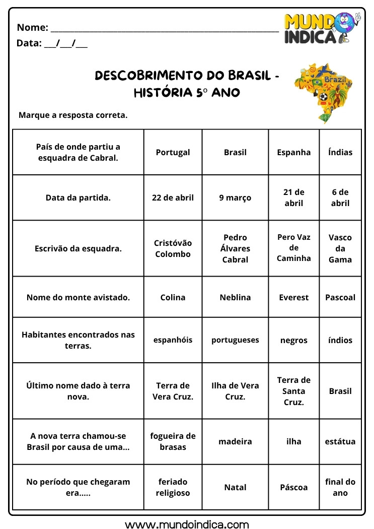 Atividade de História 5 ano sobre o Descobrimento do Brasil para Imprimir