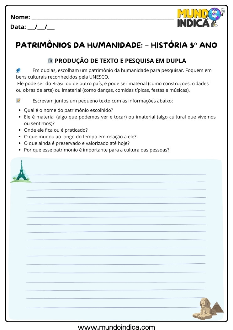 Atividade de História 5 ano sobre os Patrimônios da Humanidade para Imprimir