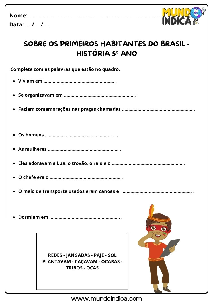 Atividade de História 5 ano sobre os Primeiros Habitantes do Brasil para Imprimir