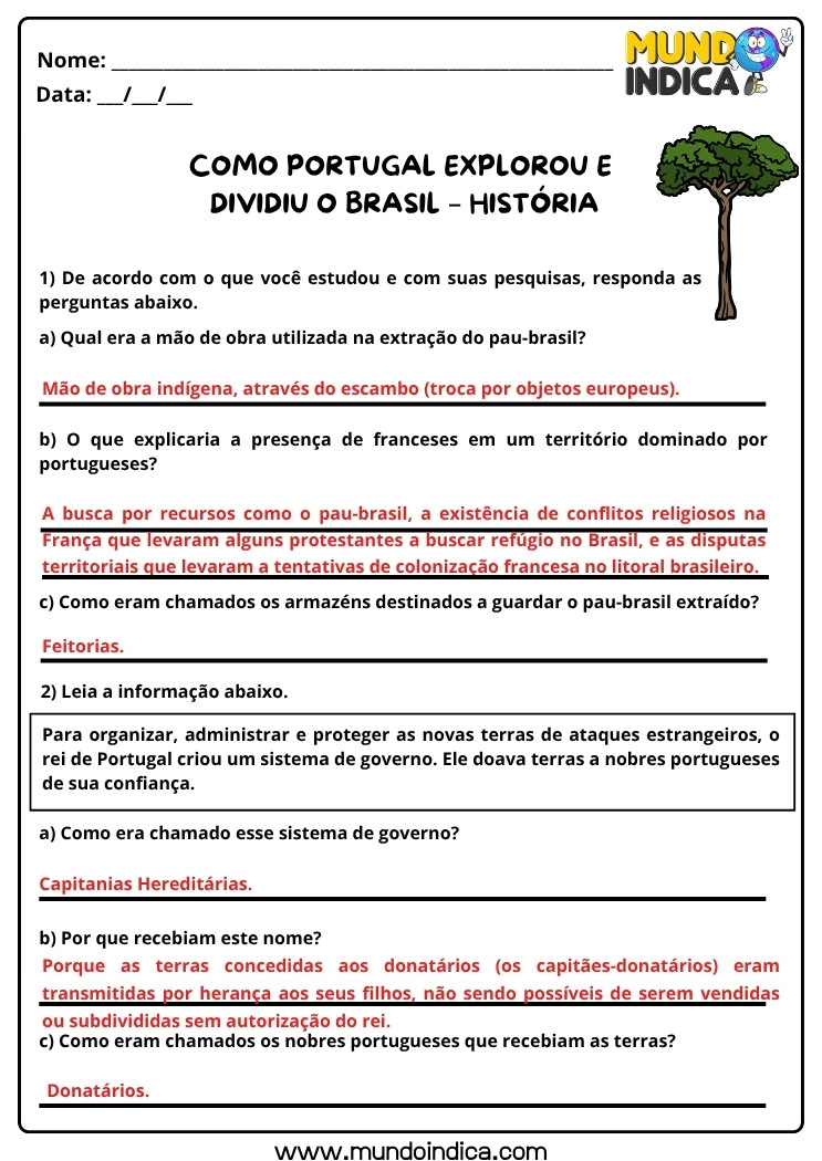 Atividade de História Como Portugual Explorou e Dividiu o Brasil com Respostas
