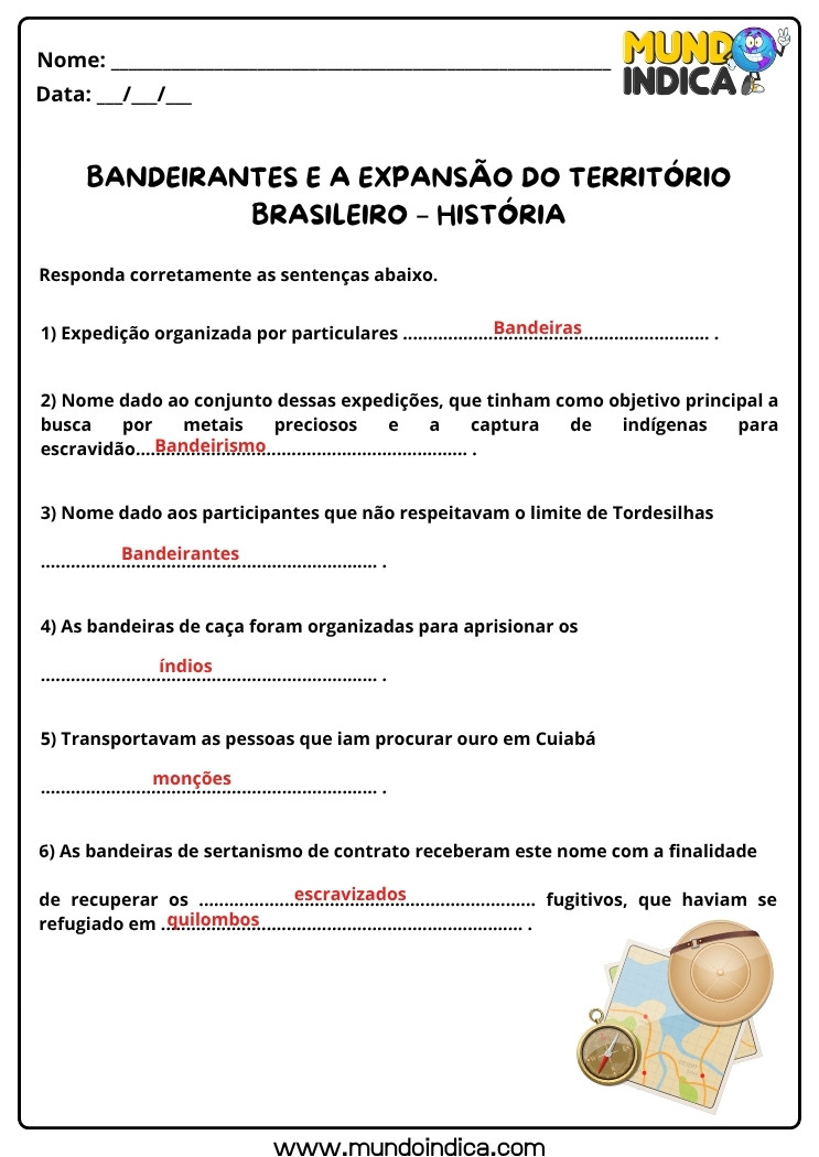 Atividade de História sobre Bandeirantes e a Expansão do Território Brasileiro com Respostas