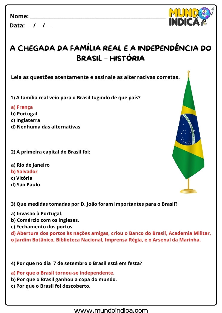 Atividade de História sobre a Chegada da Família Real e a Independência do Brasil com Respostas