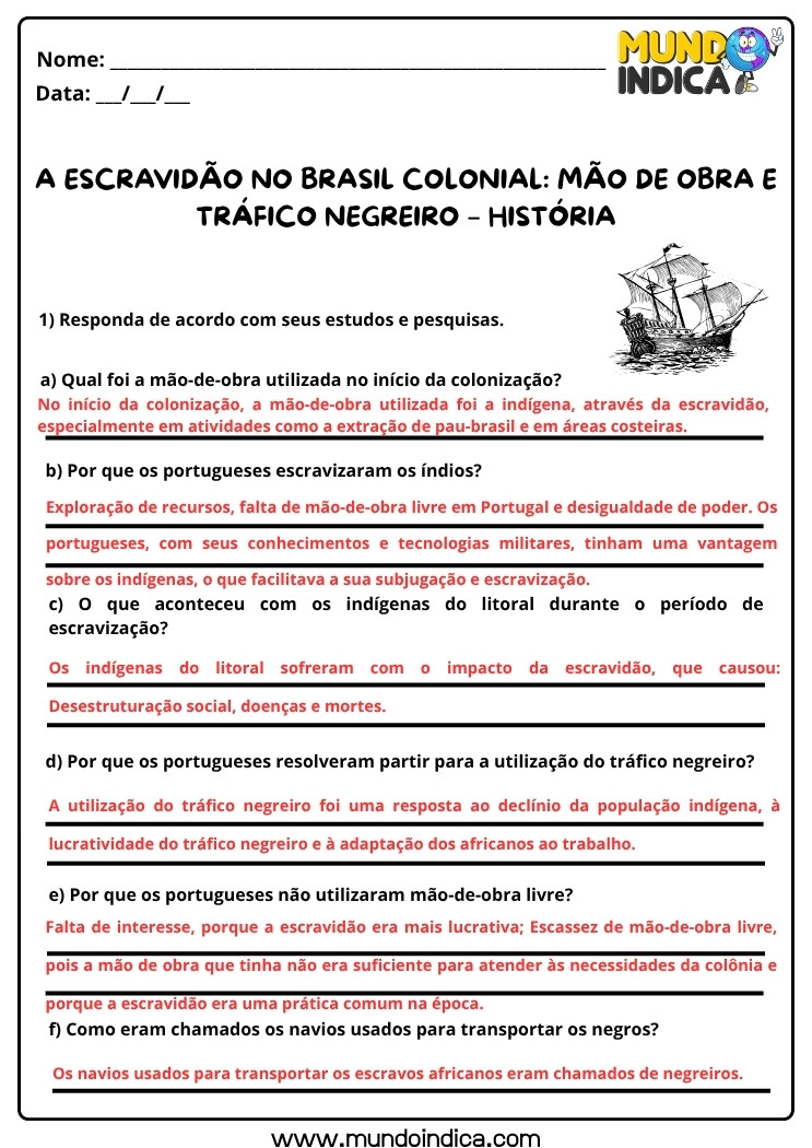 Atividade de História sobre a Escravidão no Brasil Colonial com Respostas