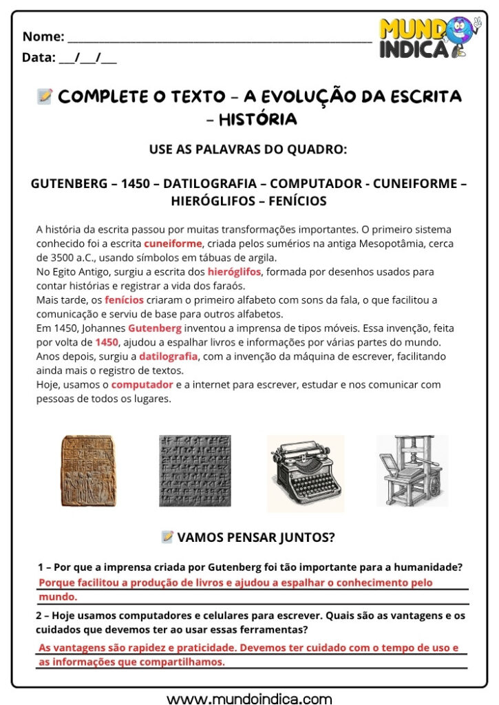 20 Atividades de História com Respostas para Imprimir