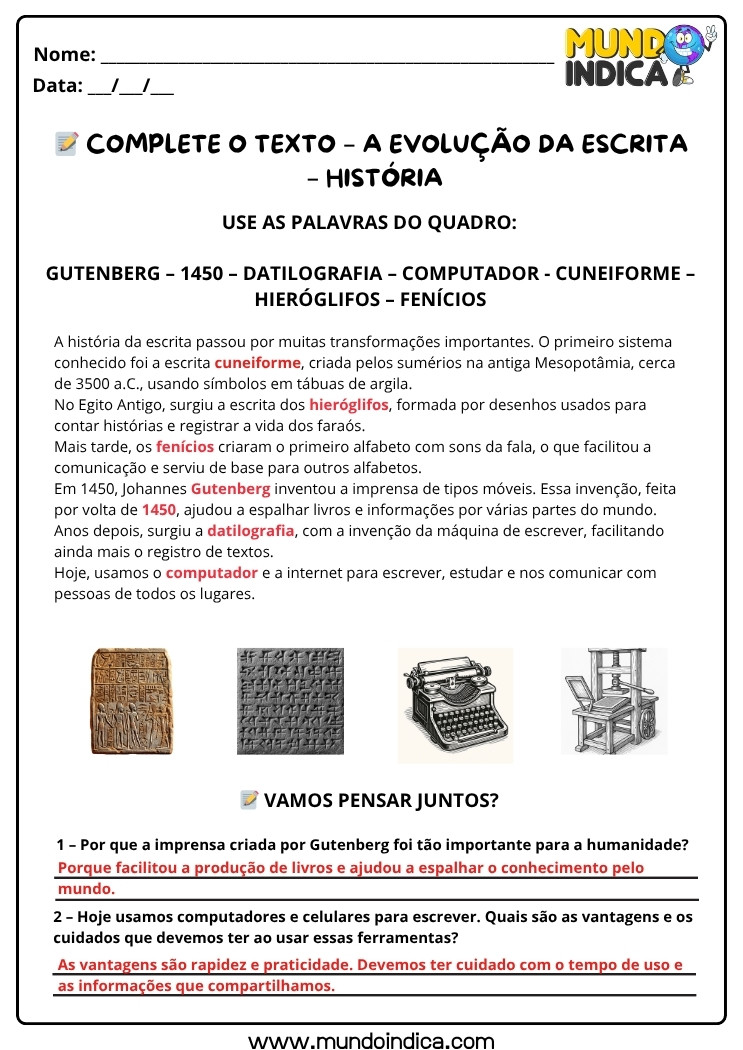 Atividade de História sobre a Evolução da Escrita com Respostas