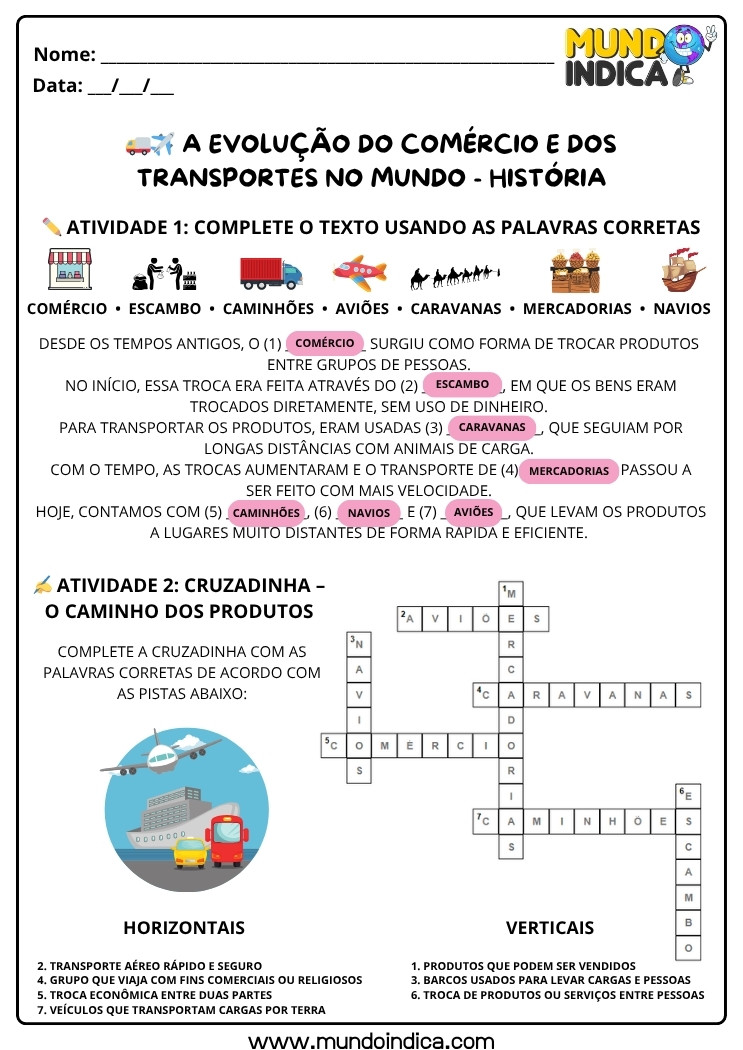 Atividade de História sobre a Evolução do Comércio e dos Transportes no Mundo com Respostas