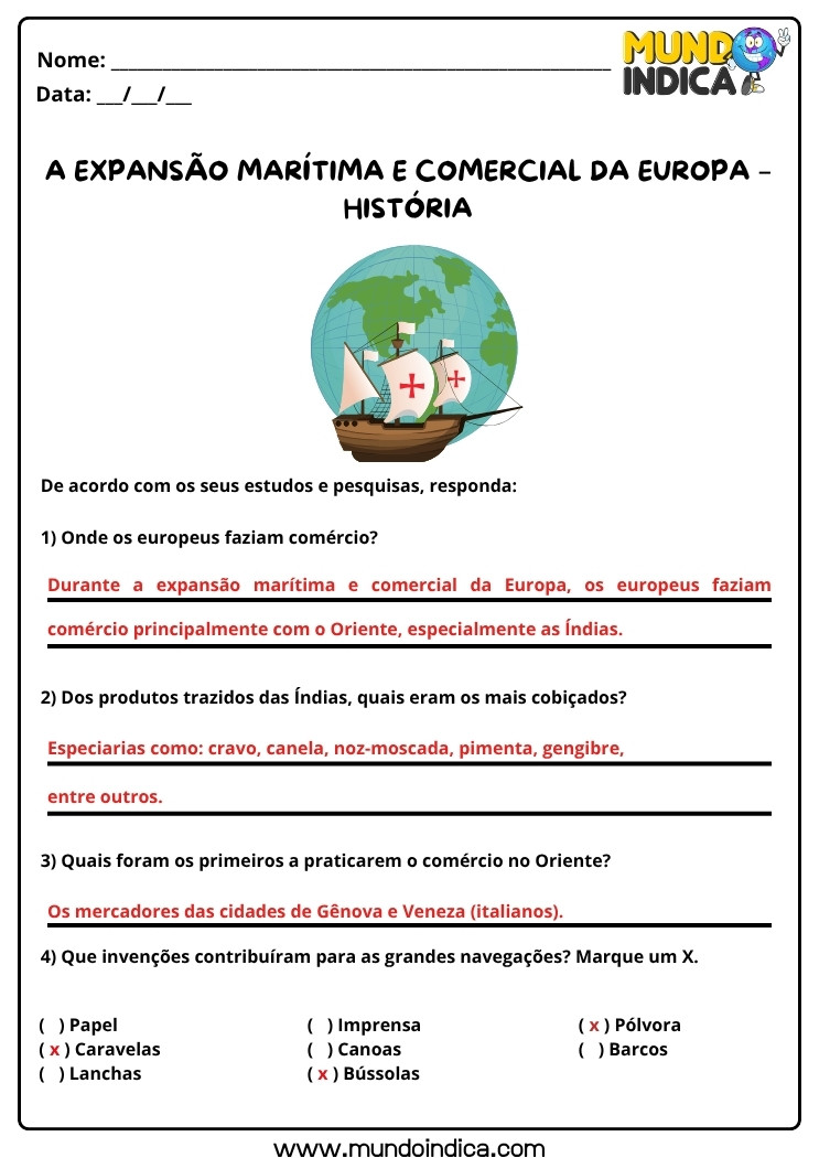 Atividade de História sobre a Expansão Marítima e Comercial da Europa com Respostas