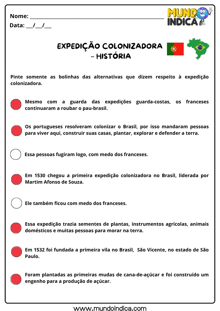 Atividade de História sobre a Expedição Colonizadora com Respostas
