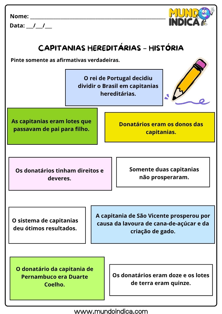 Atividade de História sobre as Capitanias Hereditárias com Respostas