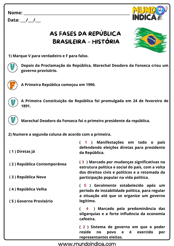 Atividade de História sobre as Fases da República Brasileira com Respostas