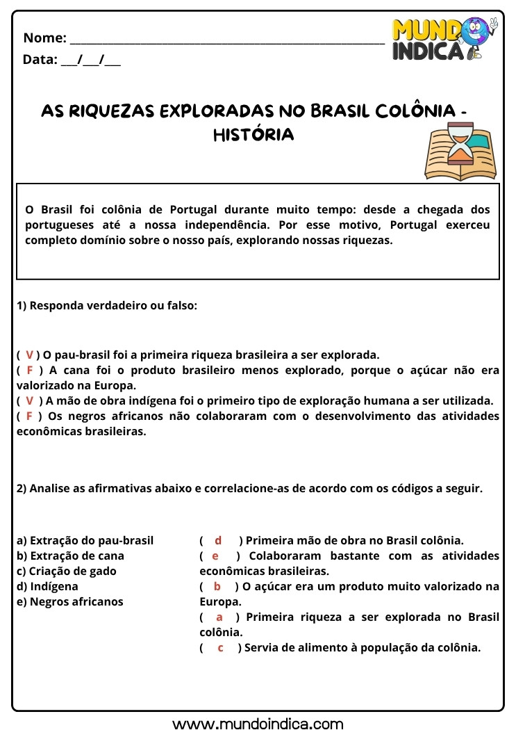 Atividade de História sobre as Riquezas Exploradas no Brasil Colônia com Respostas