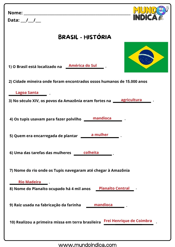 Atividade de História sobre o Brasil com Respostas