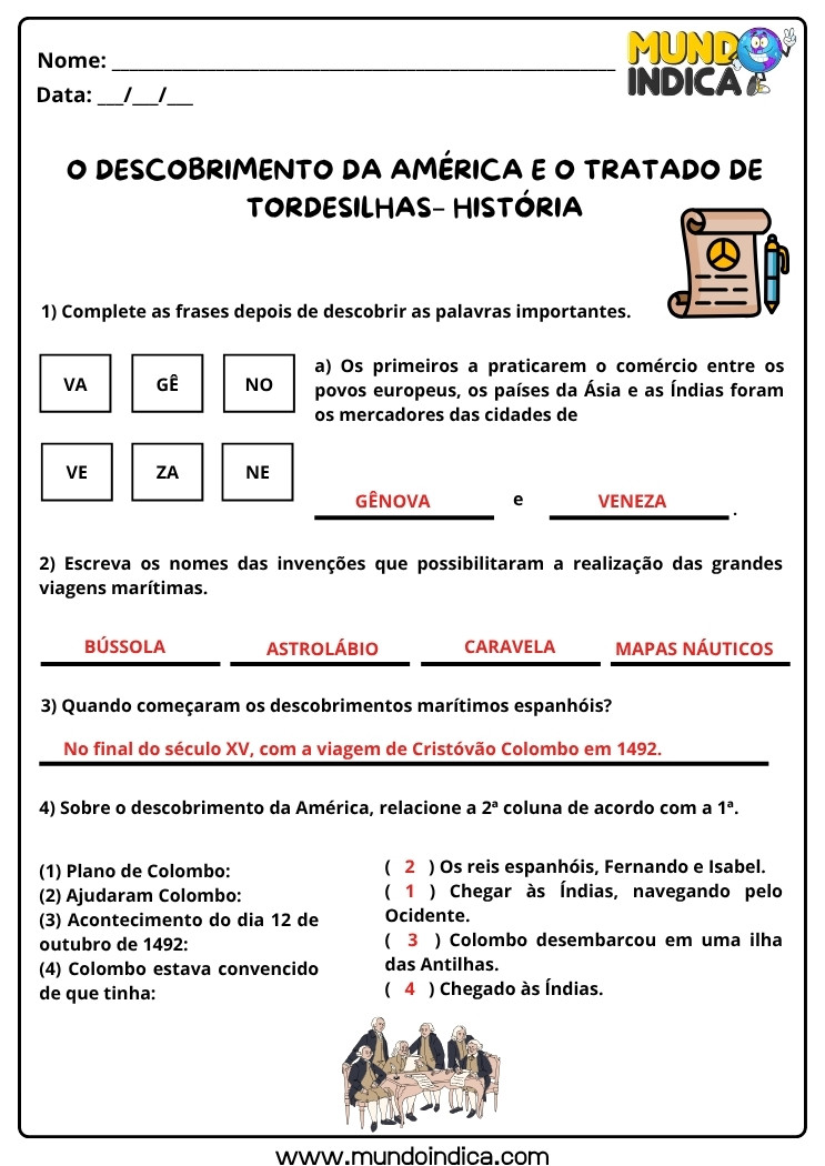 Atividade de História sobre o Descobrimento da América e o Tratado de Tordesilhas com Respostas