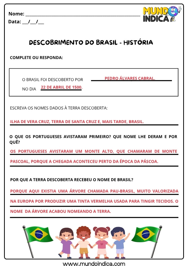 Atividade de História sobre o Descobrimento do Brasil com Respostas