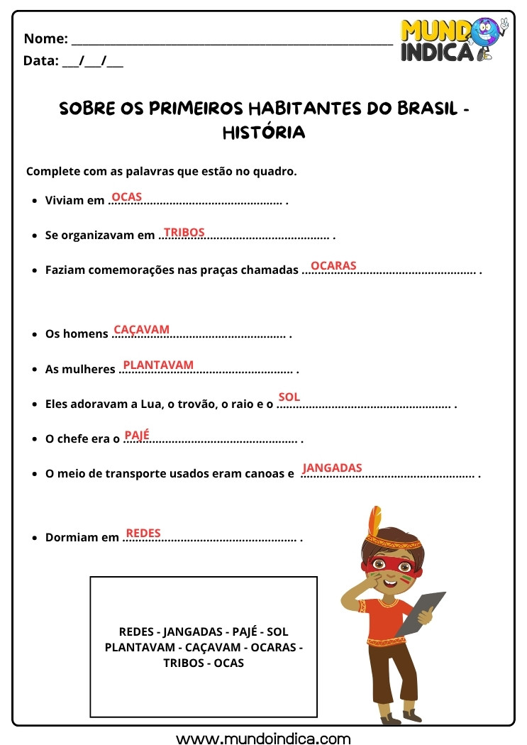 Atividade de História sobre os Primeiros Habitantes do Brasil com Respostas