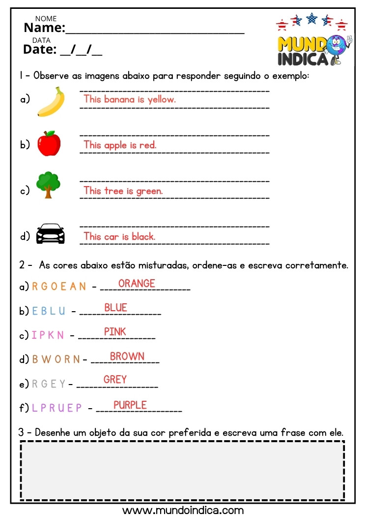 Atividade de Inglês com Cores para o 6 ano do Ensino Fundamental com respostas