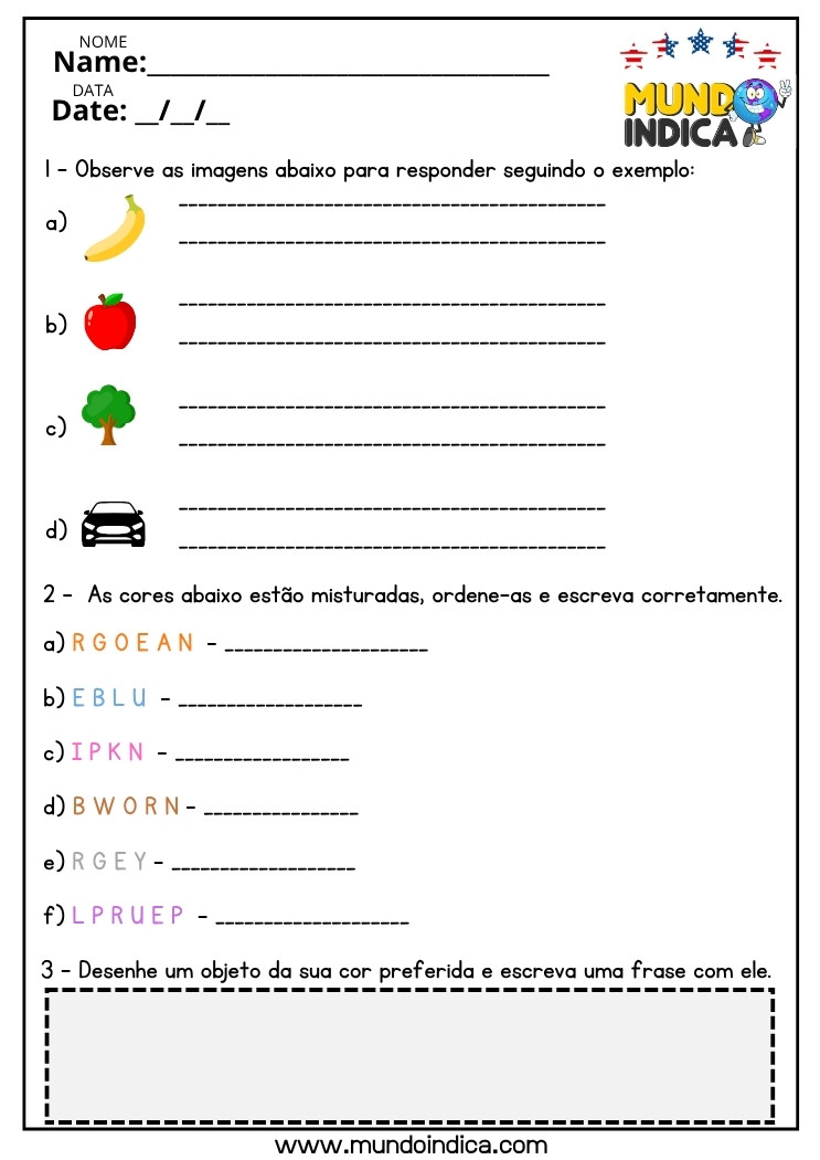 Atividade de Inglês com Cores para o 6 ano do Ensino Fundamental para Imprimir