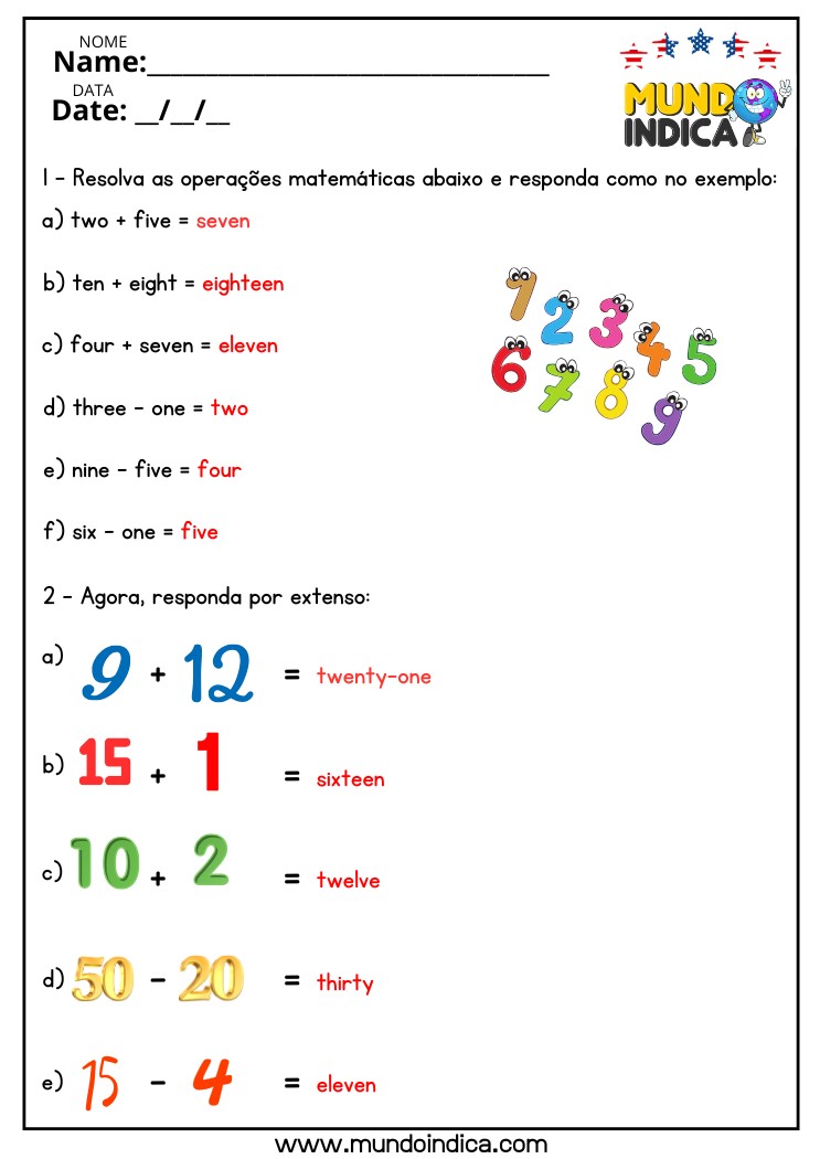 Atividade de Inglês com Números e Operações Matemáticas para o 6 ano do Ensino Fundamental com respostas