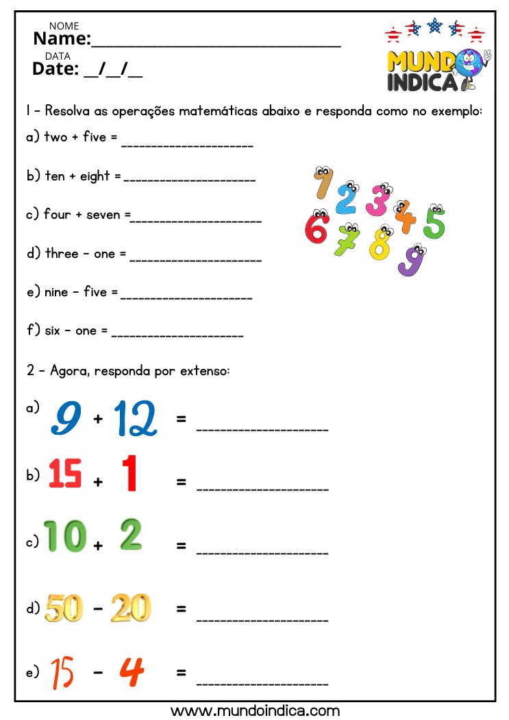 Atividade de Inglês com Números e Operações Matemáticas para o 6 ano do Ensino Fundamental para Imprimir