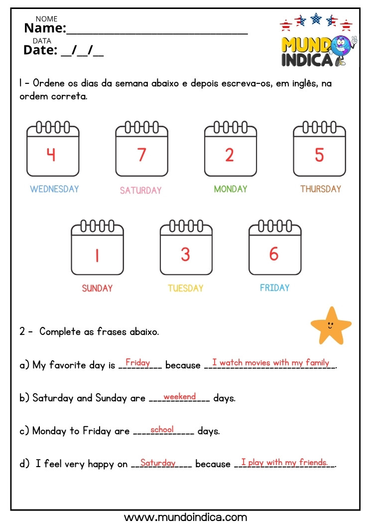 Atividade de Inglês sobre Dias da Semana para o 6 ano do Ensino Fundamental com respostas