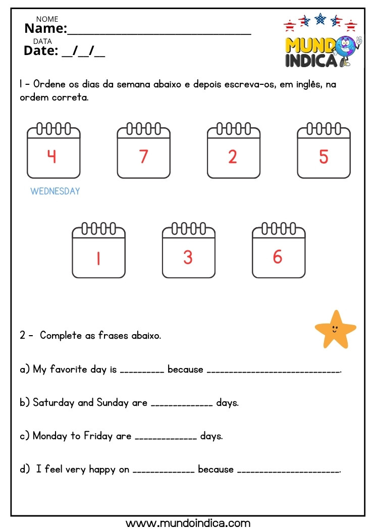 Atividade de Inglês sobre Dias da Semana para o 6 ano do Ensino Fundamental para Imprimir