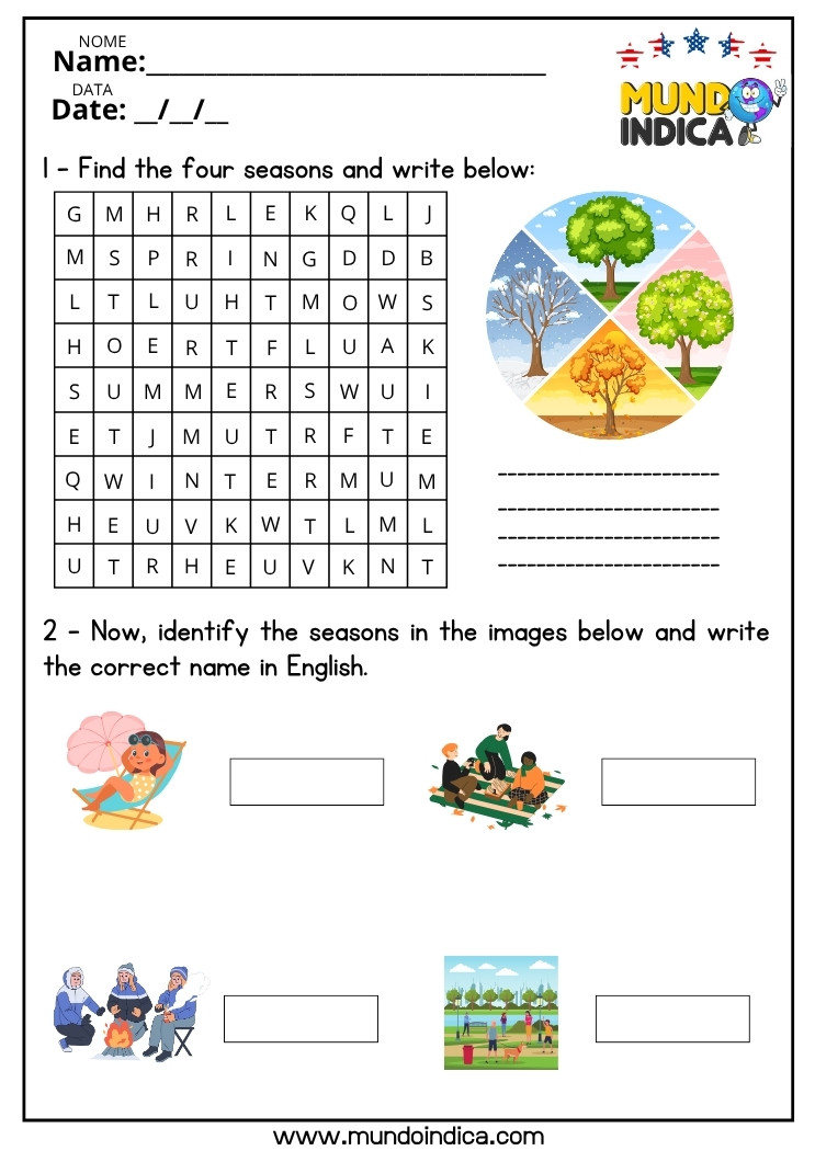 Atividade de Inglês sobre Estações do Ano com Caça-palavras para o 6 ano do Ensino Fundamental para Imprimir