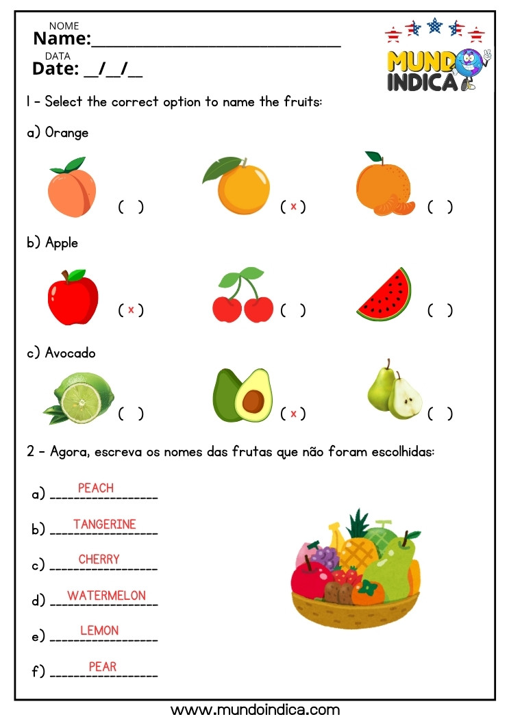 Atividade de Inglês sobre Frutas para o 6 ano do Ensino Fundamental com respostas