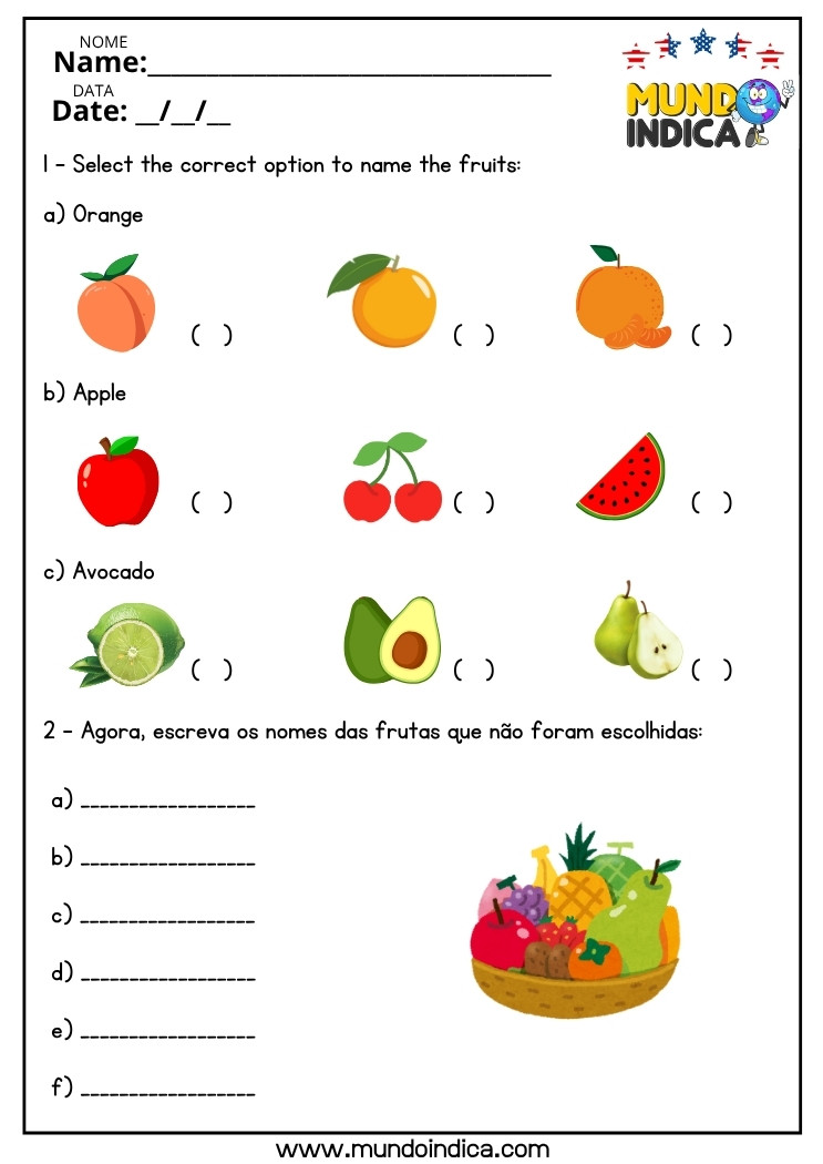 Atividade de Inglês sobre Frutas para o 6 ano do Ensino Fundamental para Imprimir