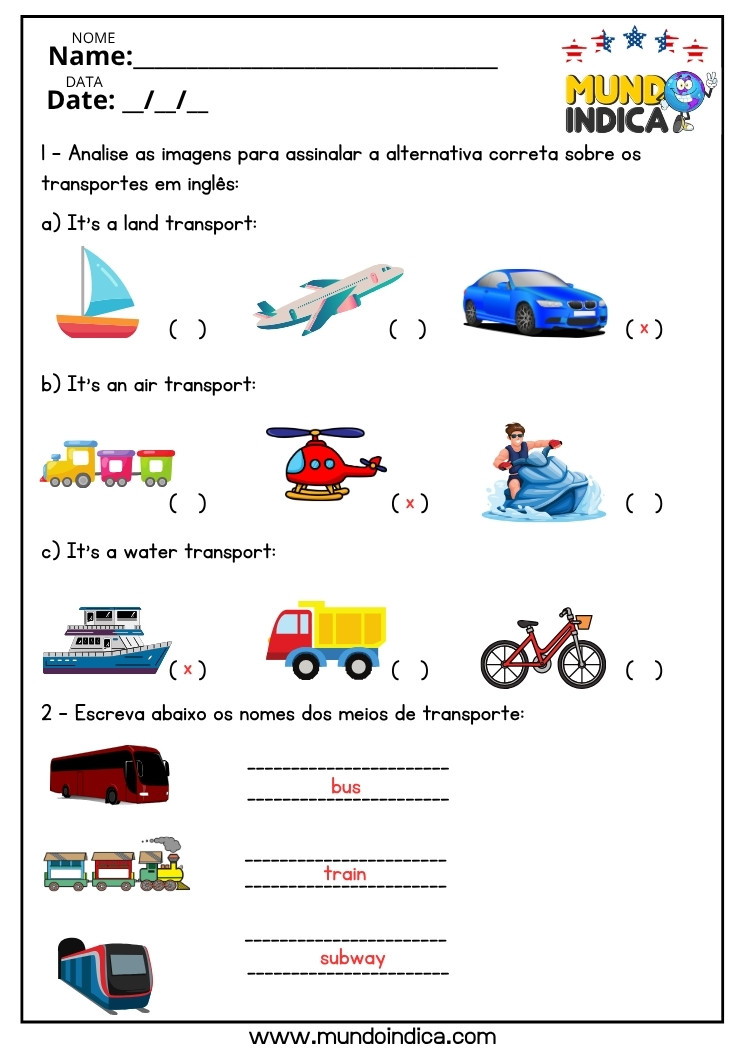 Atividade de Inglês sobre Meios de Transporte para o 6 ano do Ensino Fundamental com respostas