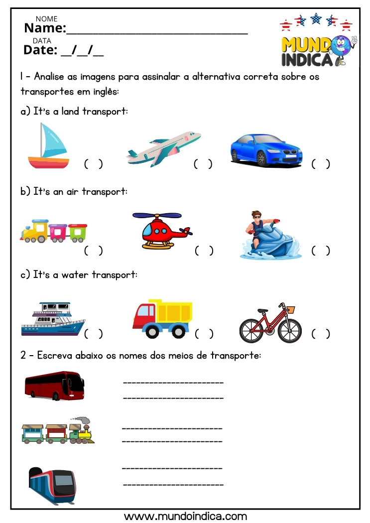 Atividade de Inglês sobre Meios de Transporte para o 6 ano do Ensino Fundamental para Imprimir