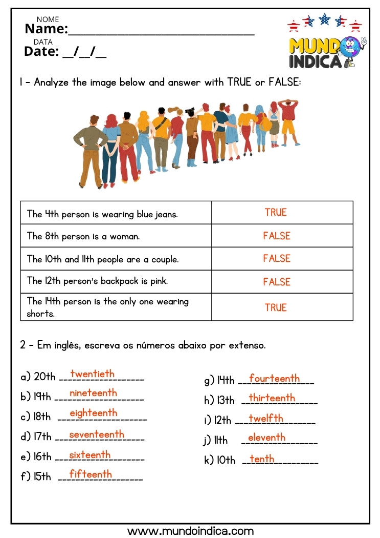 Atividade de Inglês sobre Números Ordinais para o 6 ano do Ensino Fundamental com respostas
