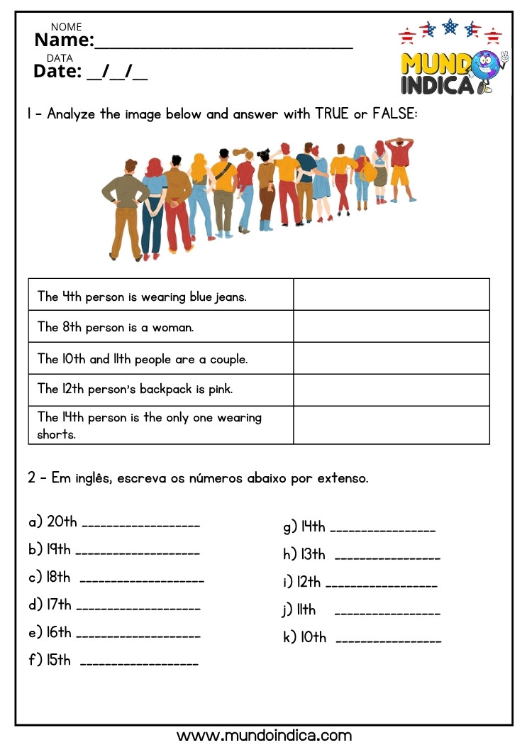 Atividade de Inglês sobre Números Ordinais para o 6 ano do Ensino Fundamental para Imprimir