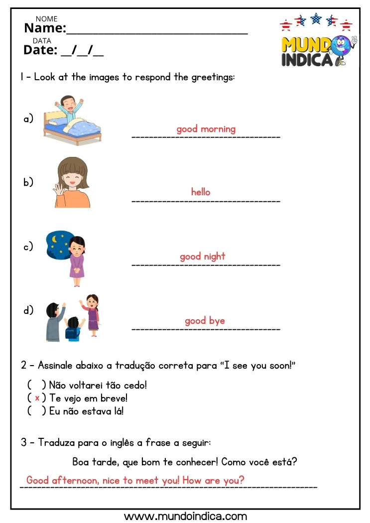 Atividade de Inglês sobre Saudações para o 6 ano do Ensino Fundamental com respostas