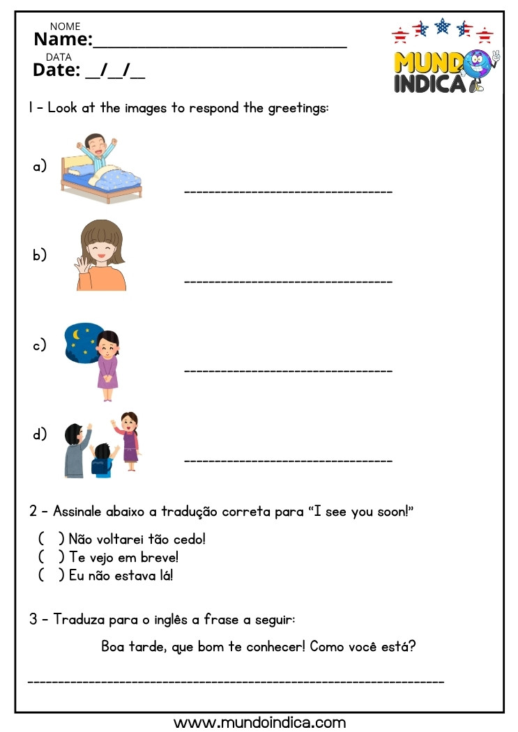 Atividade de Inglês sobre Saudações para o 6 ano do Ensino Fundamental para Imprimir