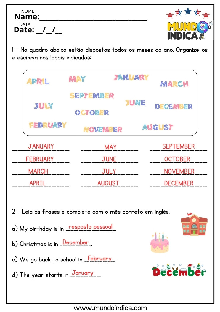 Atividade de Inglês sobre os Meses do Ano para o 6 ano do Ensino Fundamental com respostas