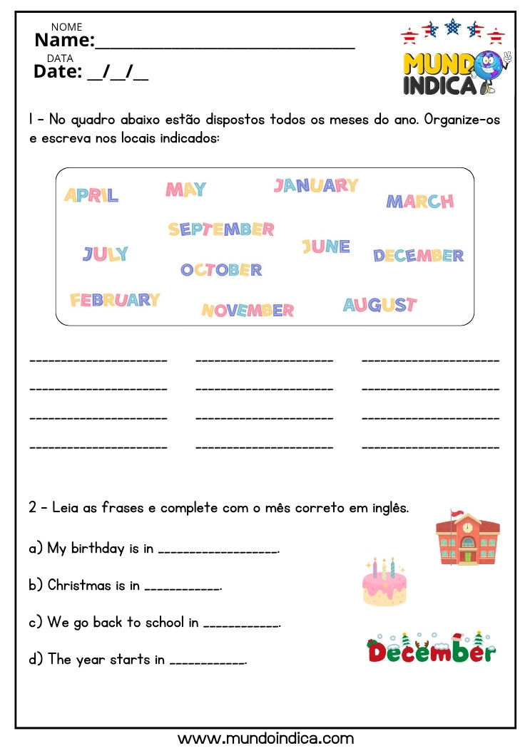 Atividade de Inglês sobre os Meses do Ano para o 6 ano do Ensino Fundamental para Imprimir