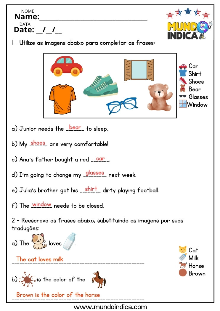Atividade de Vocabulário Básico em Inglês com Apoio Visual para o 6 ano do Ensino Fundamental com respostas