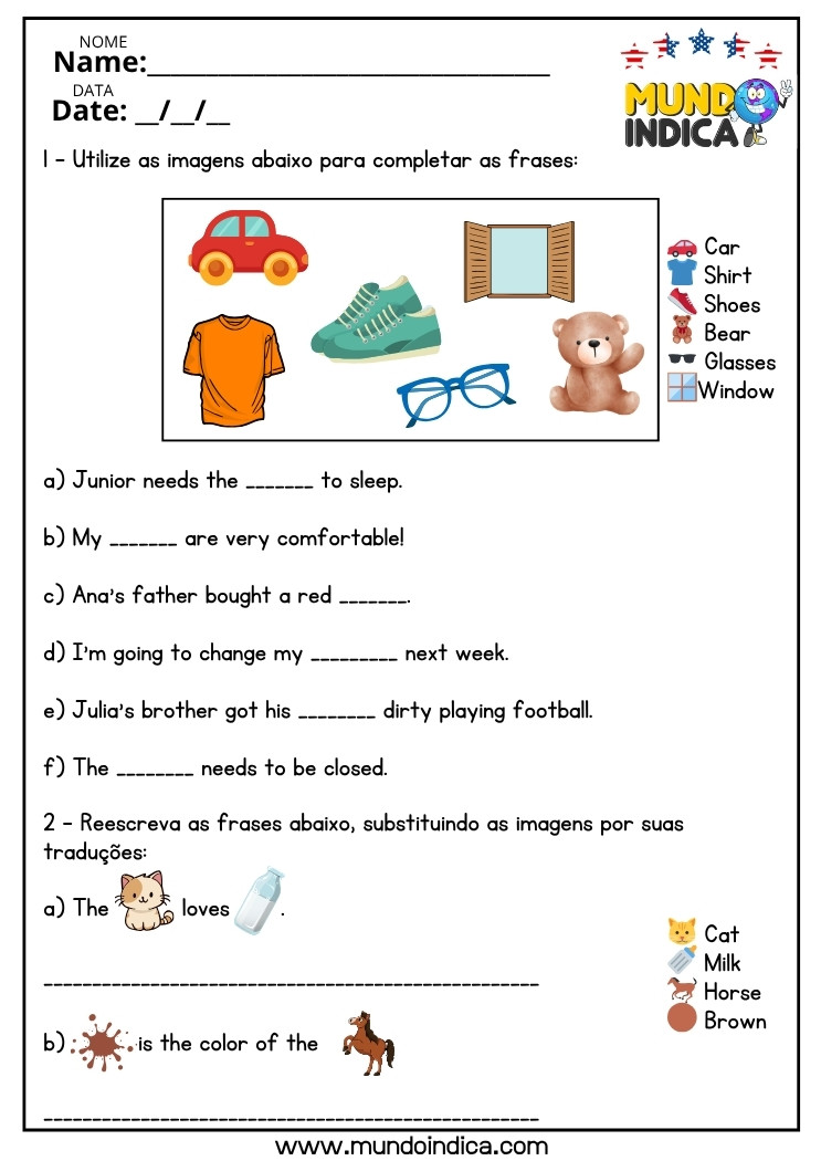 Atividade de Vocabulário Básico em Inglês com Apoio Visual para o 6 ano do Ensino Fundamental para Imprimir